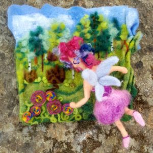 Vieve turns fairy enters Lichendia by Hillary Dow 10 x 10 original felted illustration