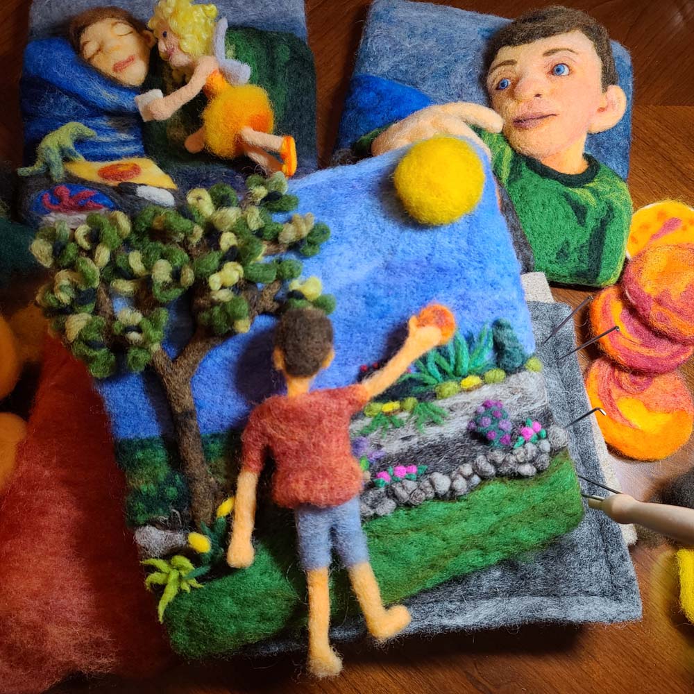 Needle Felting a sunny yard with a flower bed