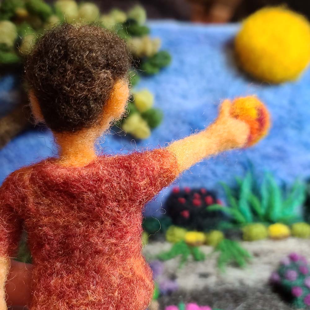 Needle Felting a sunny yard with a flower bed looking over a boy's shoulder at the sun