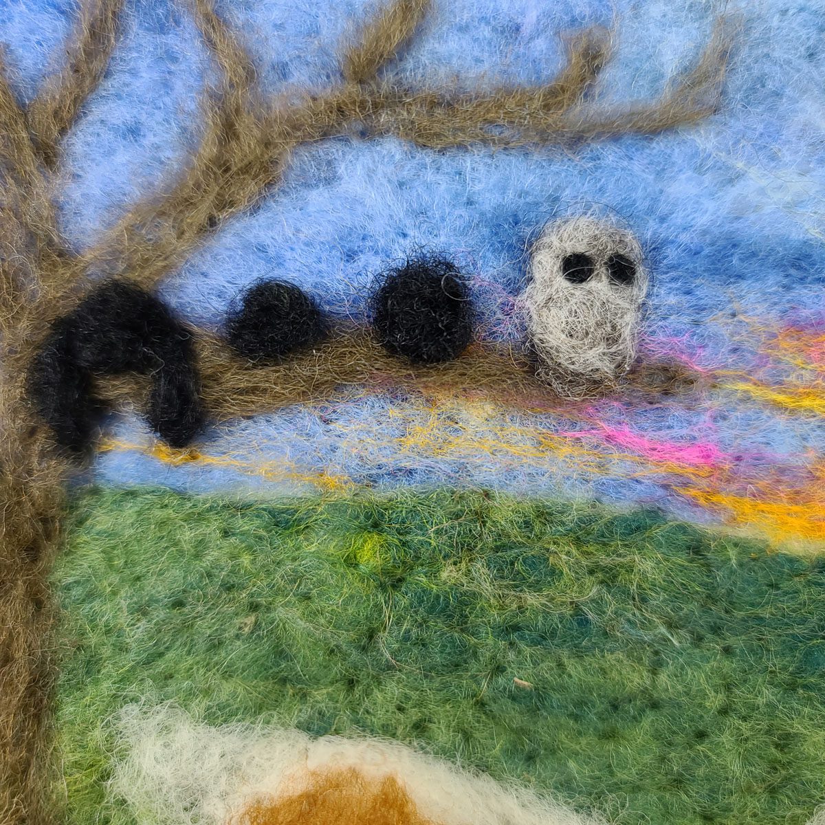 Needle felting a tree perch with bats and an owl, video tutorial