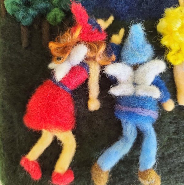Original felted painting by Hillary Dow: Starless Sky, featuring three fairies. Ready to hang. DETAIL