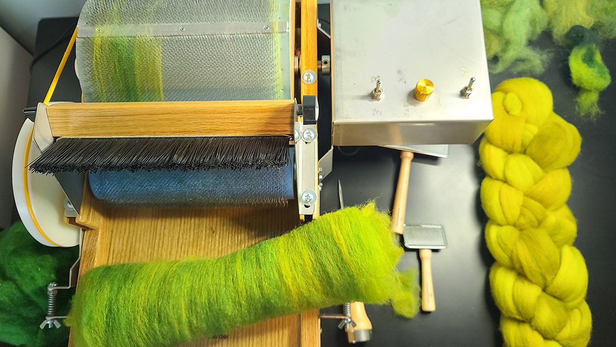 Brother-Drum-Carder-blending-green-wool-batt Brother-Drum-Carder-blending-green-wool-batt